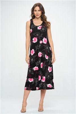 Long tank dress - black with pink flowers - polyester/spandex