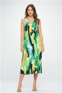 Long tank dress - green brushstroke print - polyester/spandex