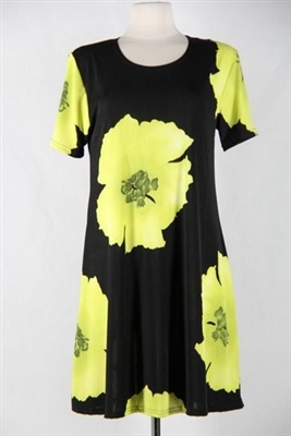 Short sleeve short dress - green big flower - polyester/spandex