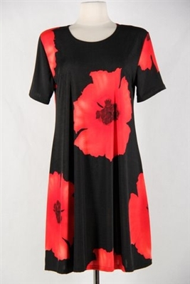 Short sleeve short dress - red big flower - polyester/spandex