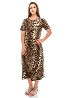 Short sleeve dress - long - brown leopard print  - polyester/spandex