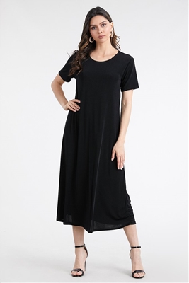 Short sleeve long dress - black - polyester/spandex
