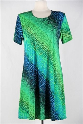 Short sleeve short dress - green tie dye diagonal print  - polyester/spandex