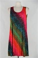 Knee length tank dress - red/green diagonal tie dye print -  polyester/spandex