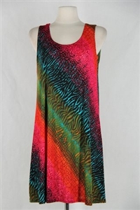 Knee length tank dress - red/green diagonal tie dye print -  polyester/spandex