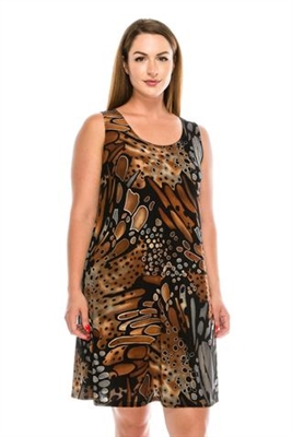 Knee length tank dress - brown/grey print - polyester/spandex