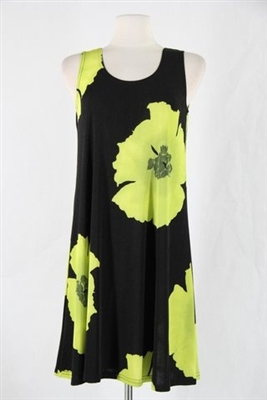 Knee length tank dress - green big flower -  polyester/spandex