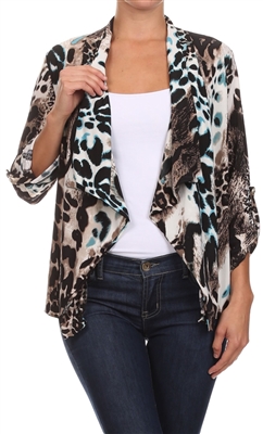 3/4 sleeve draped jacket - blue/brown leopard - polyester/spandex
