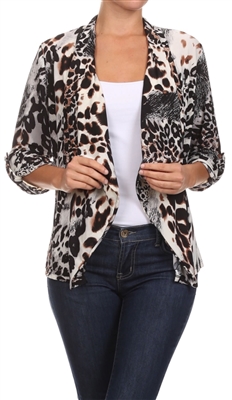 3/4 sleeve draped jacket - grey/brown leopard - polyester/spandex