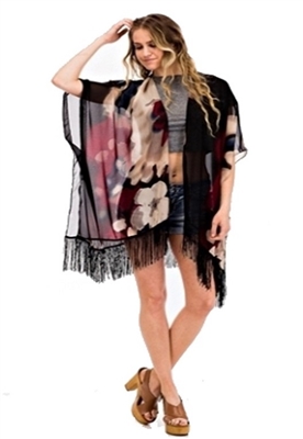 Kimono style fringe jacket - black with flowers