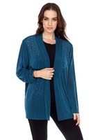 long sleeve jacket in teal with rhinestones - acetate/spandex