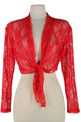long sleeve shrug- red lace - polyester/spandex