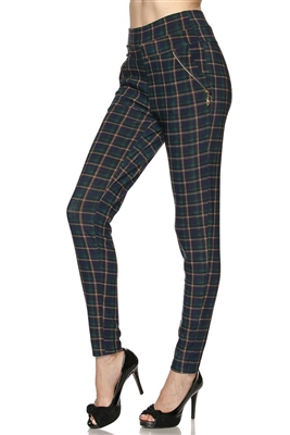 Leggings with pockets - green/blue plaid - polyester/spandex