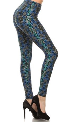 Leggings - blue/tan print on black - polyester