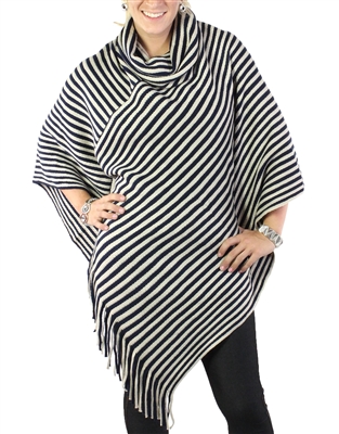 Cowl Neck Poncho - Striped Navy - Acrylic