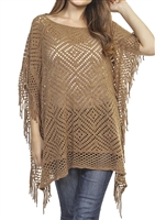 Fringed poncho - pierced diamond design - pale brown