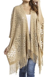 Fringed ruana - patterned - beige