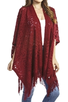 Fringed ruana - patterned - burgundy