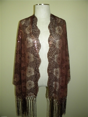 Sequin shawl with fringe - brown