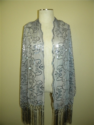 Sequin shawl with fringe - grey