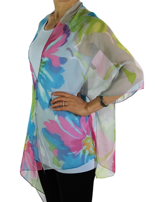 Silky button shawl - multicolor flowers on grey - polyester