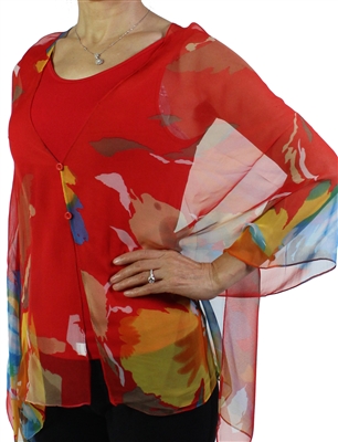 Silky button shawl - multicolor flowers on red - polyester