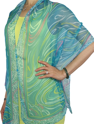 Silky button shawl - turquoise swirl - polyester