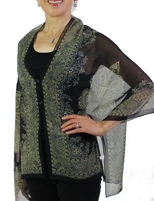 Silky button shawl - paisley border on black - polyester