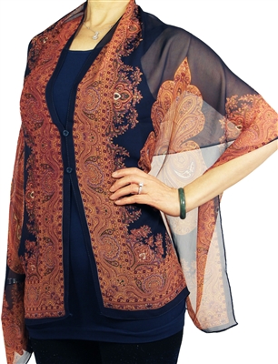 Silky button shawl - paisley border on navy - polyester