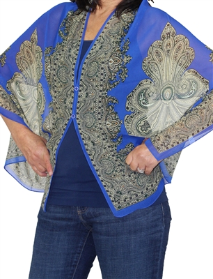 Silky button shawl - paisley border on royal blue - polyester