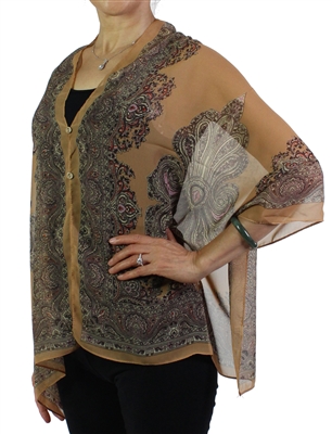 Silky button shawl - paisley border on tan - polyester