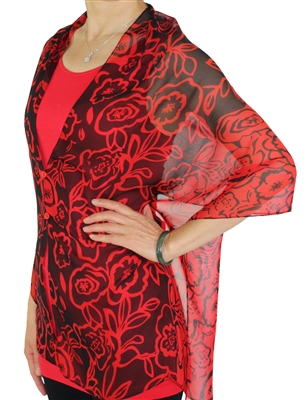 Silky button shawl - red/black flowers - polyester