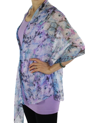 Silky button shawl - purple/blue/white flowers - polyester