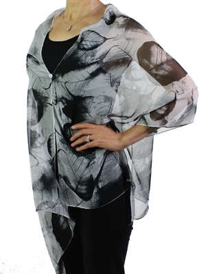 Silky button shawl - white/black leaves - polyester