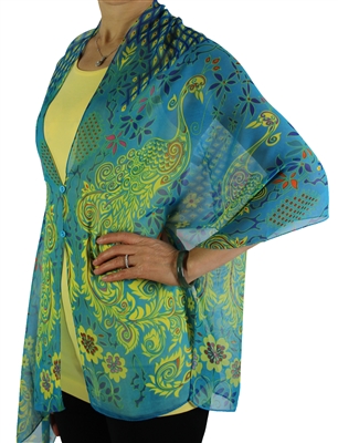 Silky button shawl - turquoise peacock abstract - polyester