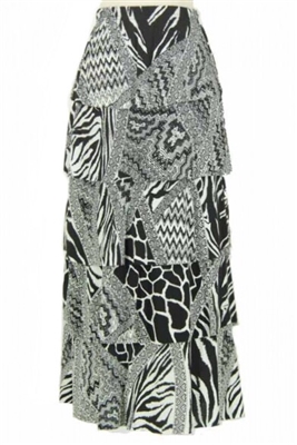 Long tiered skirt - black/white multi design - polyester/spandex