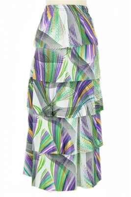 Long tiered skirt - purple/green print on white - polyester/spandex