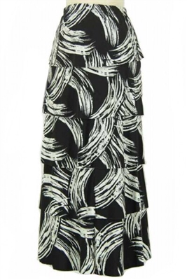 Long tiered skirt - black/white brushstrokes - polyester/spandex