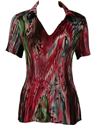 1/2 Sleeve with Collar mini pleat top - Abstract Floral - Pink-Green