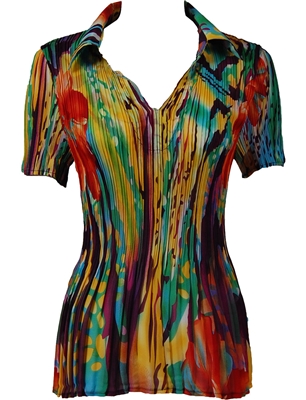 1/2 Sleeve with Collar mini pleat top -  Abstract Floral - Rainbow