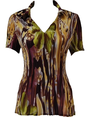 1/2 Sleeve with Collar mini pleat top - Abstract Floral - Eggplant-Gold