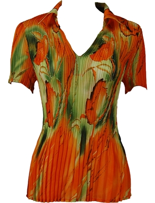 1/2 Sleeve with Collar mini pleat top - Floral Watercolors - Green-Orange