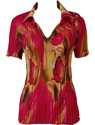1/2 Sleeve with Collar mini pleat top - Floral Watercolors - Magenta-Gold