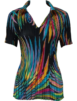 1/2 Sleeve with Collar mini pleat top - Rainbow Swirl on Black