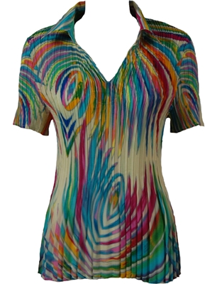 1/2 Sleeve with Collar mini pleat top - Rainbow Swirl on Ivory