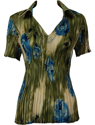 1/2 Sleeve with Collar mini pleat top - Roses Olive-Blue