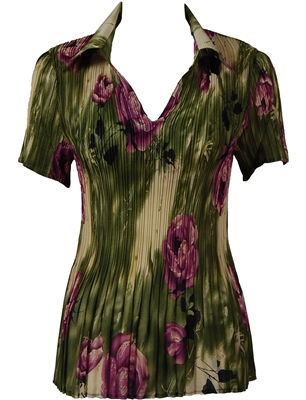 1/2 Sleeve with Collar mini pleat top - Roses Olive-Purple