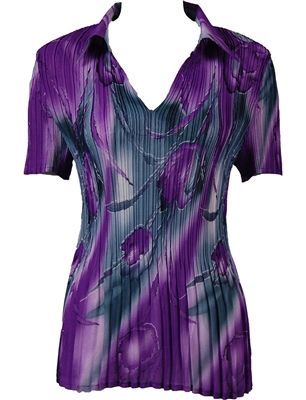 1/2 Sleeve with Collar mini pleat top - Tulips Charcoal-Purple