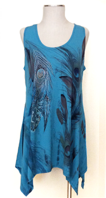 Two point tank top - teal - feathers with stones - polyester/spandex