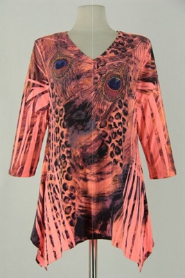 3/4 sleeve 2 point top - red leopard / peacock feathers - polyester/spandex